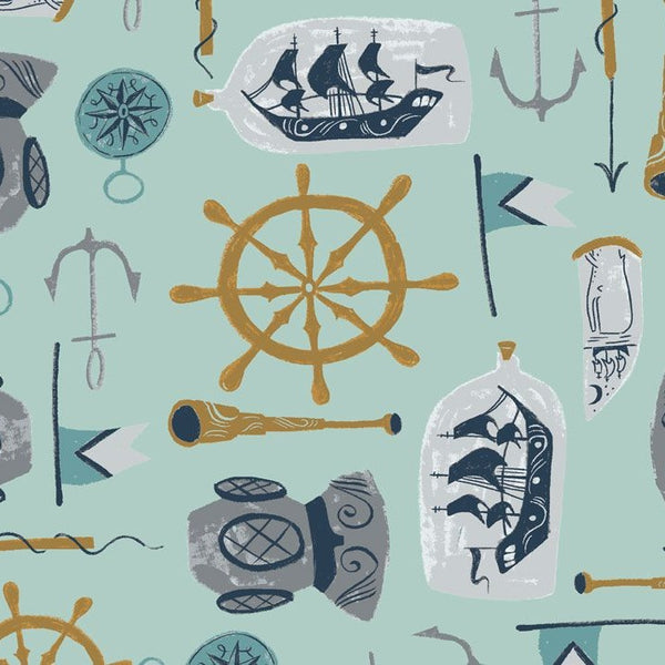 Aweigh North Sea Supplies in Harbor by Rae Ritchie for Dear Stella, seafoam green print with diving helmets, ships wheels, spyglasses, compasses, anchors and ships in bottles