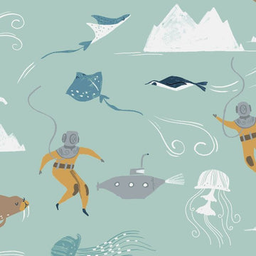 Aweigh North Main in Harbor by Rae Ritchie for Dear Stella, seafoam green print with vintage deep sea divers, seals, penguins, walruses, submarines, jellyfish and icebergs