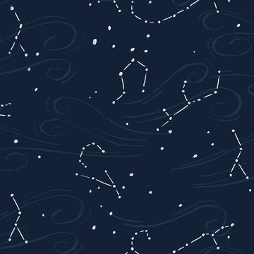 Aweigh North Star Map in Navy by Rae Ritchie for Dear Stella, white constellations and stars with swirling currents on a dark navy ground