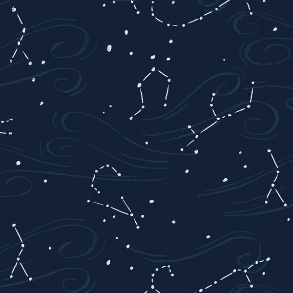 Aweigh North Star Map in Navy by Rae Ritchie for Dear Stella, white constellations and stars with swirling currents on a dark navy ground