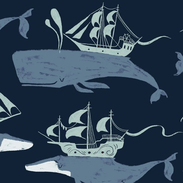 Aweigh North Whale Ships in Navy by Rae Ritchie for Dear Stella, pale blue whales and tall sailing ships on a dark navy ground