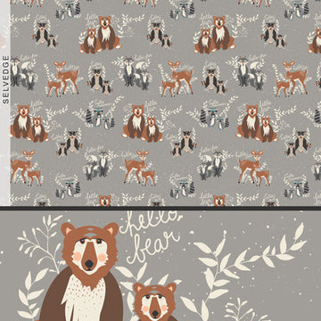 Hello Bear Oh Hello in Fog by Bonnie Christine, grey quilting cotton with small ditsy florals