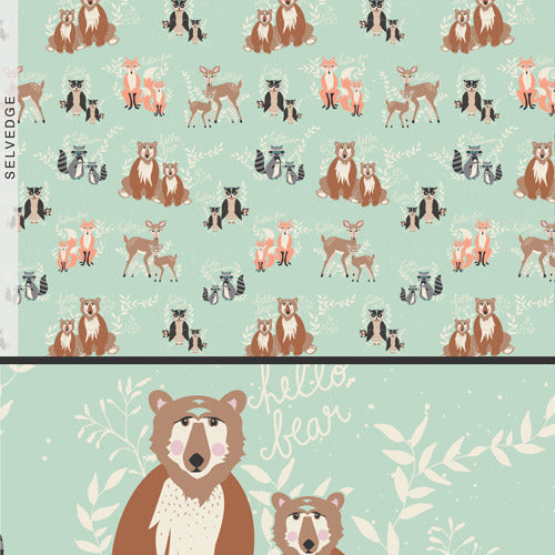 Hello Bear Oh Hello in Meadow by Bonnie Christine, green quilting cotton with small ditsy florals