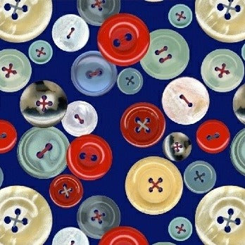Handmade Buttons on Blue by Windham Fabrics
