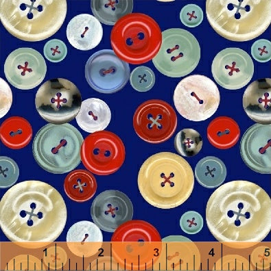 Handmade Buttons on Blue by Windham Fabrics