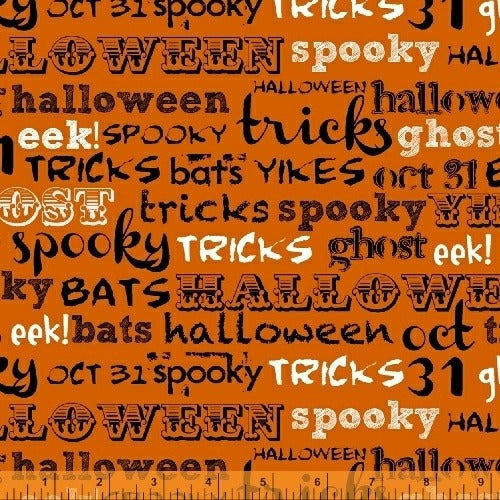 Raven Spooky Words on Orange by Windham Fabrics