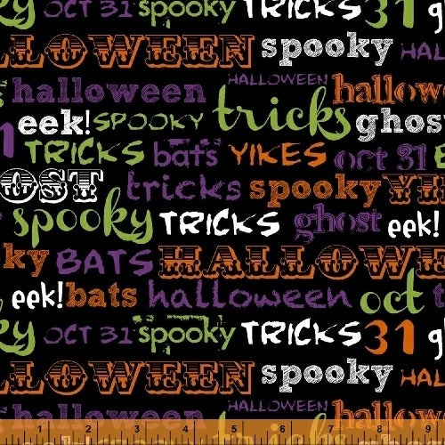 Raven Spooky Words on Black by Windham Fabrics