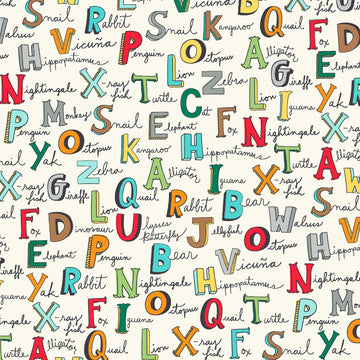 ANIMAL ABCs Alphabet Words on White by Whistler Studios for Windham Fabrics