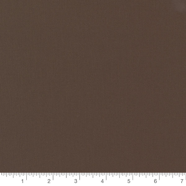 Chocolate Brown Bella Solid by Moda, solid chocolate brown quilting cotton fabric swatch with inch ruler for scale