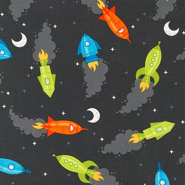 Spaced out Rockets on Charcoal by Caleb Gray for Robert Kaufman Fabrics