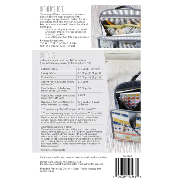 Maker's Tote Sewing Pattern back cover AG-536