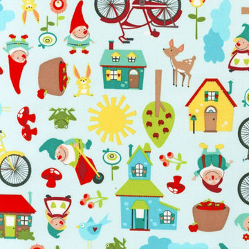 Gnome Living Happy Gnomes on Blue by Robert Kaufman Fabrics