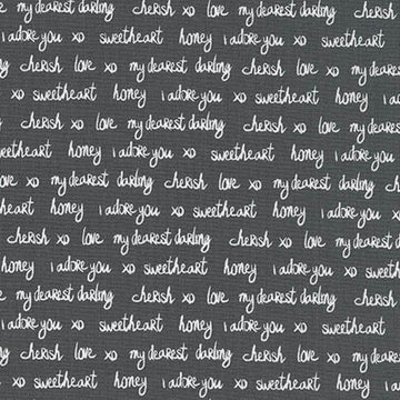 Sealed with a Kiss Text on Charcoal by Laurie Wisbrun for Robert Kaufman Fabrics