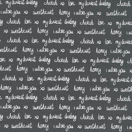 Sealed with a Kiss Text on Charcoal by Laurie Wisbrun for Robert Kaufman Fabrics