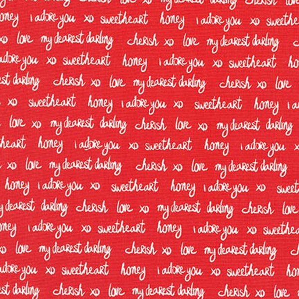 Sealed with a Kiss Text on Red by Laurie Wisbrun for Robert Kaufman Fabrics