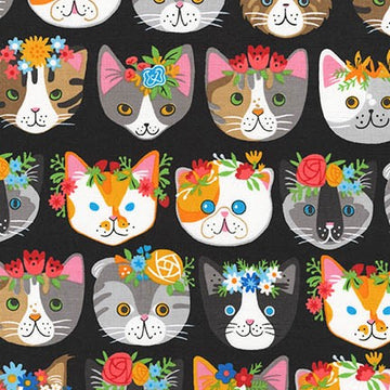 Whiskers & Tails Floral Cats on Black by Neiko Ng for Robert Kaufman Fabrics