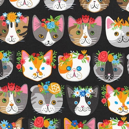 Whiskers & Tails Floral Cats on Black by Neiko Ng for Robert Kaufman Fabrics