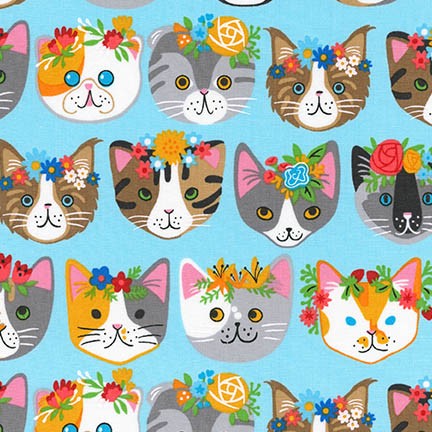 Whiskers & Tails Floral Cats on Blue by Neiko Ng for Robert Kaufman Fabrics
