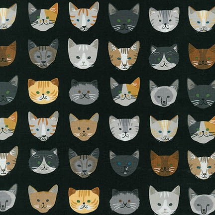 Whiskers & Tails Cat Faces on Black by Neiko Ng for Robert Kaufman
