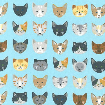 Whiskers & Tails Cat Faces on Blue by Neiko Ng for Robert Kaufman