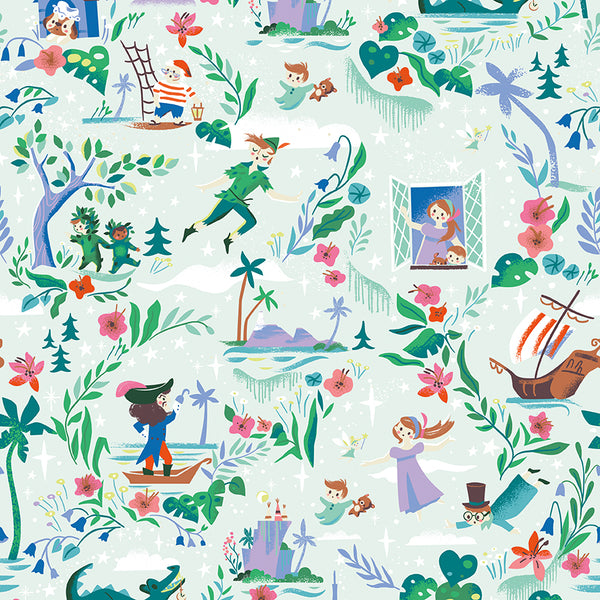 Forever Neverland Main in Mist by Jill Howarth, pale blue quilting cotton with Peter Pan storybook motifs
