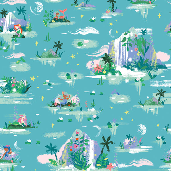 Forever Neverland Mermaid Lagoon in Peacock by Jill Howarth, teal quilting cotton with mermaids