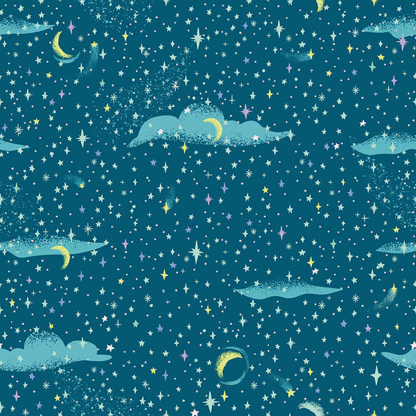 Forever Neverland Pixie Dust in Night by Jill Howarth, dark blue quilting cotton with small gold stars