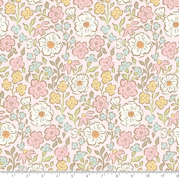 Little Posies Main in Pink by Cayla Naylor for Riley Blake Designs C18320-PINK with inch ruler for scale