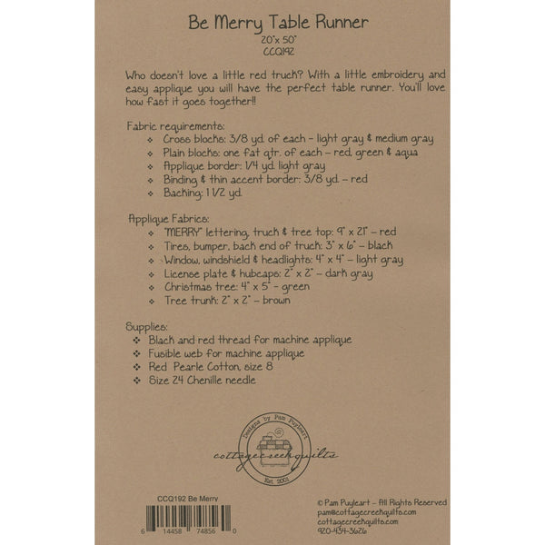 Be Merry Table Runner Sewing Pattern by Cottage Creek Quilts back cover CCQ192