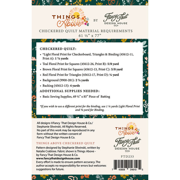 Things Above Checkered Quilt pattern back with material requirements FTD233