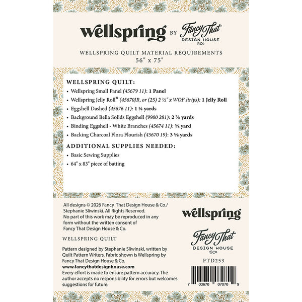 Wellspring Quilt pattern back with material requirements, finished size 56 x 75 inches