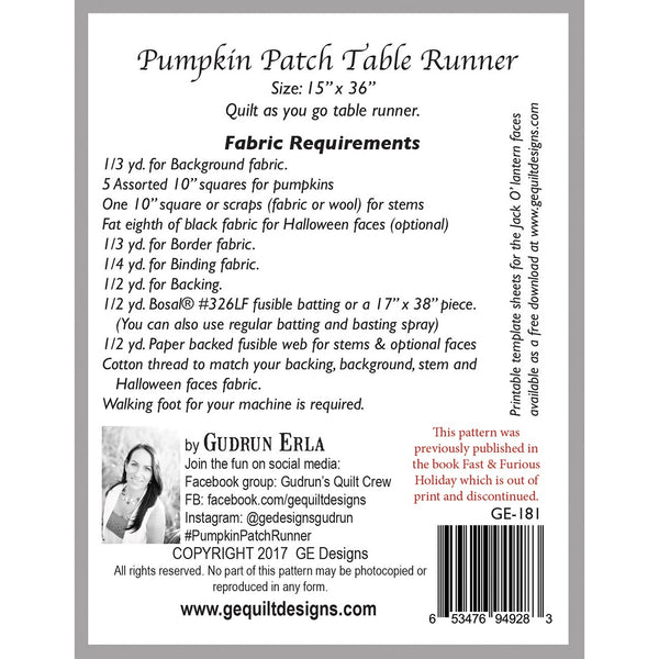 Pumpkin Patch Table Runner Pattern back cover with fabric requirements GE-181