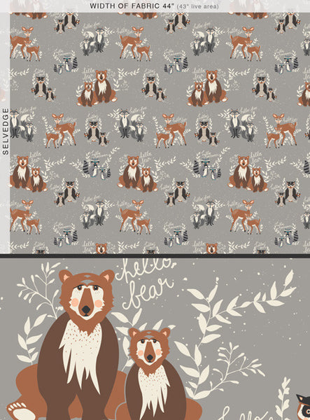 Hello Bear Oh Hello in Fog by Bonnie Christine, grey quilting cotton with small ditsy florals