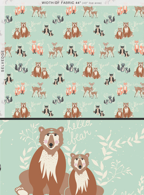 Hello Bear Oh Hello in Meadow by Bonnie Christine, green quilting cotton with small ditsy florals