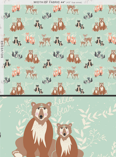 Hello Bear Oh Hello in Meadow by Bonnie Christine, green quilting cotton with small ditsy florals