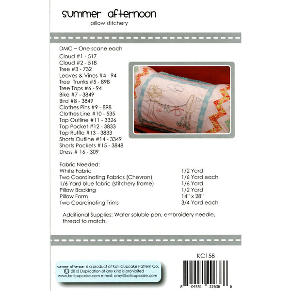 Summer Afternoon Pillow Stitchery Pattern by Kati Cupcake Pattern Co. back cover KC158