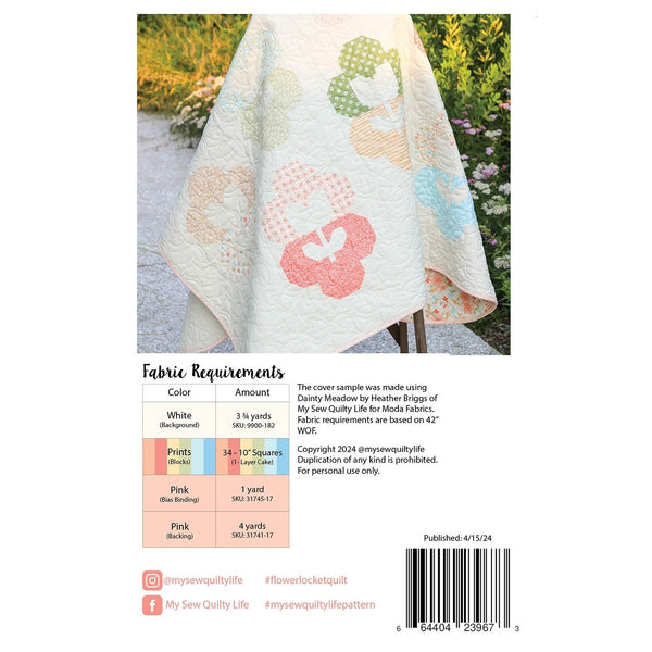 Flower Locket quilt pattern MSQL 147 back cover with fabric requirements