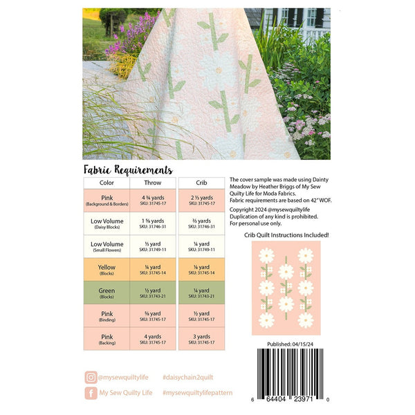 Daisy Chain 2 quilt pattern MSQL 151 back cover with throw and crib fabric requirements