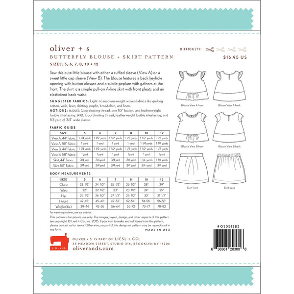 Butterfly Blouse + Skirt Pattern by Oliver + S Size 5,6,7,8,10+12 back cover OS051BB2