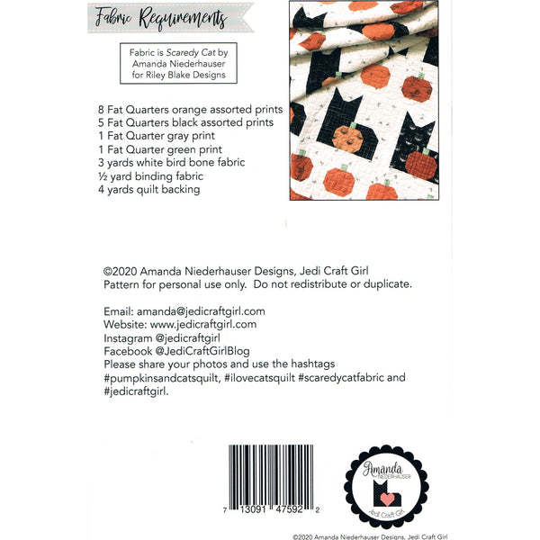 Pumpkins and Cats quilt pattern back cover with fabric requirements P156-PUMPKINSCATS