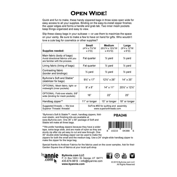Open Wide Bag Sewing Pattern back cover PBA246