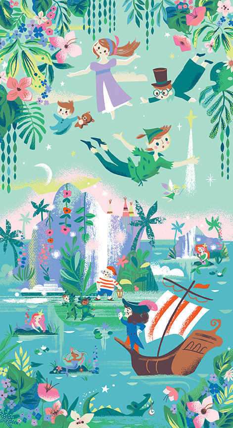 Forever Neverland cotton panel by Jill Howarth, Peter Pan scene with Tinker Bell and the Lost Boys