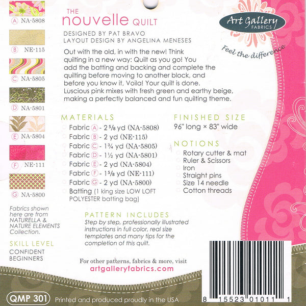 The Nouvelle Quilt pattern back cover with materials and finished size QMP-301