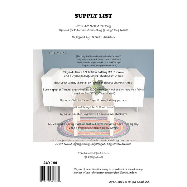 Jelly-Roll Rug Sewing Pattern back cover RJD100