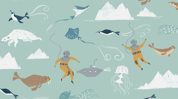 Aweigh North Main in Harbor by Rae Ritchie for Dear Stella, seafoam green print with vintage deep sea divers, seals, penguins, walruses, submarines, jellyfish and icebergs