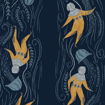 Aweigh North Deep Sea Diver in Navy by Rae Ritchie for Dear Stella, gold vintage helmet divers with jellyfish and seaweed on a dark navy ground