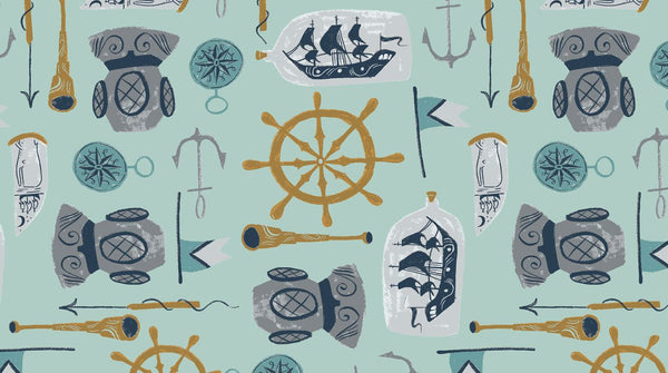 Aweigh North Sea Supplies in Harbor by Rae Ritchie for Dear Stella, seafoam green print with diving helmets, ships wheels, spyglasses, compasses, anchors and ships in bottles