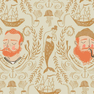 Aweigh North Sailor Toile in Sand by Rae Ritchie for Dear Stella, tan and coral nautical toile with bearded sailors, mermaids, ships and anchors on a cream ground