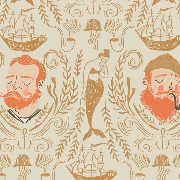 Aweigh North Sailor Toile in Sand by Rae Ritchie for Dear Stella, tan and coral nautical toile with bearded sailors, mermaids, ships and anchors on a cream ground