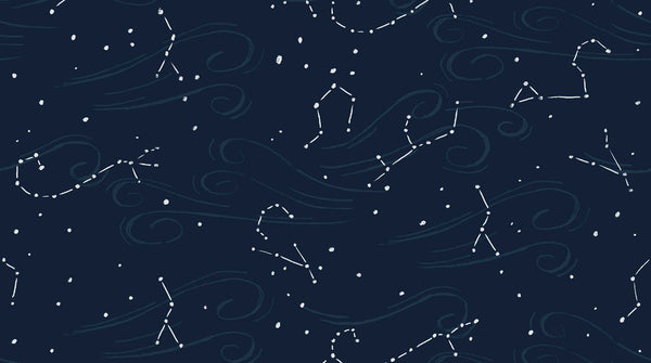 Aweigh North Star Map in Navy by Rae Ritchie for Dear Stella, white constellations and stars with swirling currents on a dark navy ground